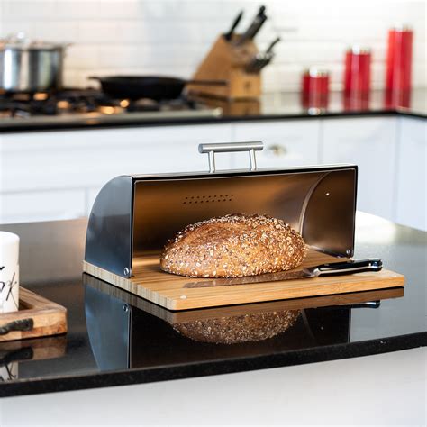 stainless steel bread box with bamboo cutting board|ALhom Large Bread Box with Bamboo Cutting Board Lid for .